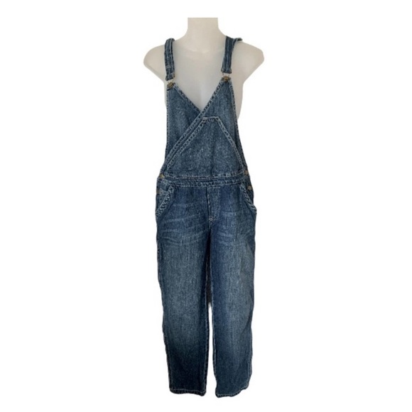 SOLD Free People Denim Overalls Criss Cross V-Neck Pocket Straight Leg - Picture 1 of 4